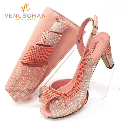 Venus Chan Il più nuovo stile INS color pesca strass eleganti tacchi alti Nigeria design popolare set di scarpe e borse da donna africane