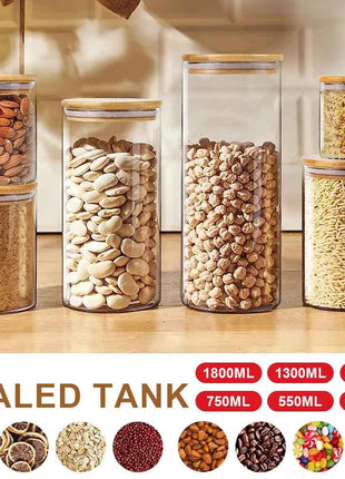 5pc 300/550/950ml Glass Food Storage Containers With Wooden Lid Kitchen Sealed Jar Food Storage Multigrain Tank Bottle