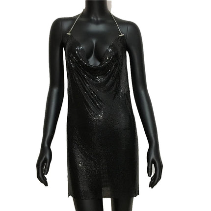 2023 Sexy Clubwear Backless paillettes abito corto per le donne Cocktail Metalic Split Mesh Harness Body Chain Club Low Cut Mini Dress