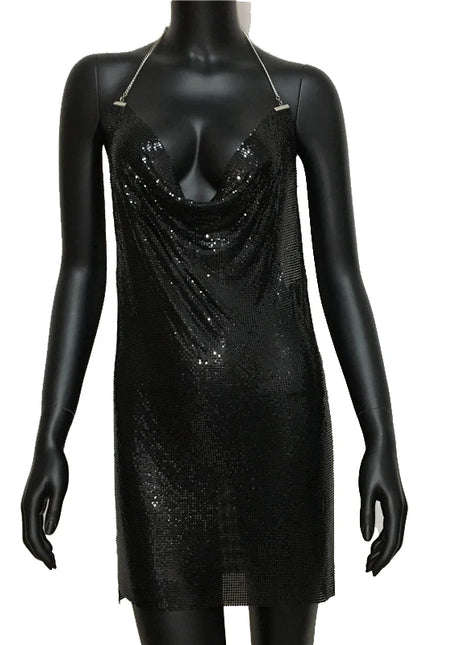 2023 Sexy Clubwear Backless paillettes abito corto per le donne Cocktail Metalic Split Mesh Harness Body Chain Club Low Cut Mini Dress