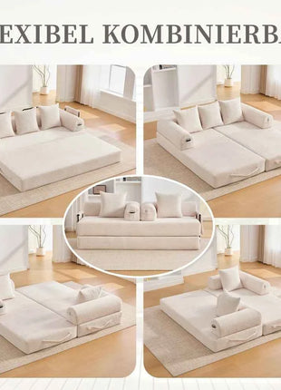 Folding Compression Sofa with Metal Frame, Side Pockets Plus 3 Pillows. Freely Configurable. Modern Metal-fabric Combination