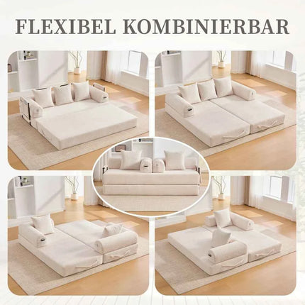 Folding Compression Sofa with Metal Frame, Side Pockets Plus 3 Pillows. Freely Configurable. Modern Metal-fabric Combination