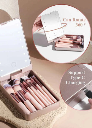 14 PCS Makeup Brush Set With Illuminated Mirror Portable Short Handle LED Light USB Rechargeable Makeup Brushes Kit