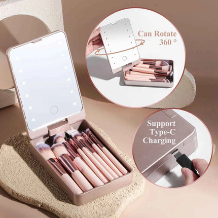14 PCS Makeup Brush Set With Illuminated Mirror Portable Short Handle LED Light USB Rechargeable Makeup Brushes Kit