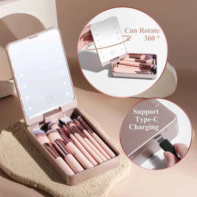14 PCS Makeup Brush Set With Illuminated Mirror Portable Short Handle LED Light USB Rechargeable Makeup Brushes Kit