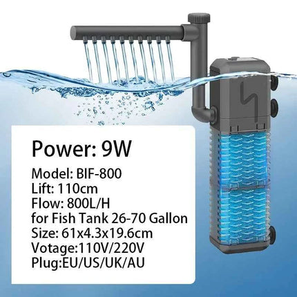 3-IN-1 Aquarium Internal Filter Pump Silent Wave-Maker Submersible Fish Tank Filters Air Oxygen Aerator for Saltwater Freshwater