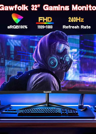 Gawfolk 32 Zoll Curved Gaming Monitor 240Hz, PC Bildschirm Full HD 1080P, Rahmenloses 1800R Computerbildschirm Mit FreeSync Und