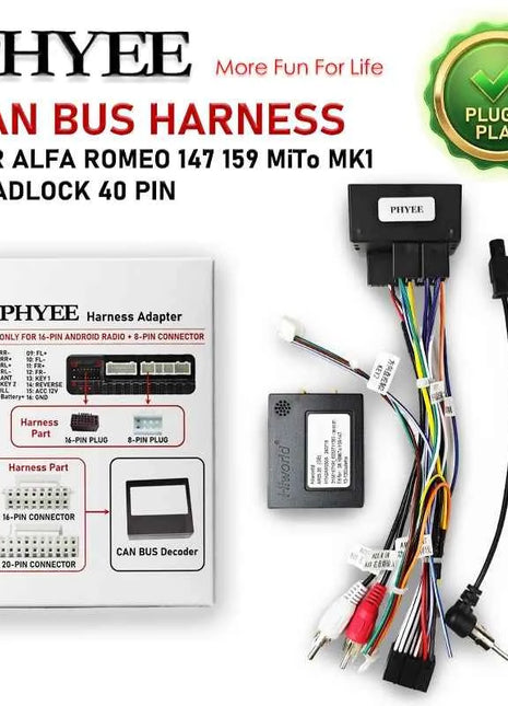 Decodificatore CAN Bus Quadlock con Adattatore Cablaggio 40 Pin per Alfa 147 159 MiTo Giulietta 2010-2013, Compatibilità SWC, Cavo Android 16 Pin