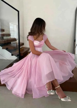 Abito Elegante da Donna in Tulle, Vestito Formale Estivo Sexy con Scollo Quadrato, Corsetto in Vita, Linea ad A, Lunghezza al Ginocchio, per Matrimoni e Cocktail Party