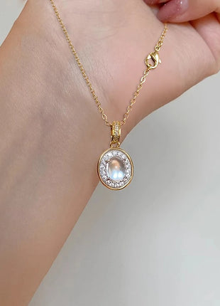 Huitan Gold-Color Oval Pendant Necklace for Women, Wedding Party Fashion Accessories, Versatile Luxury CZ Inlaid Brilliant Jewelry