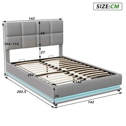 Rosahqnda Hydraulic Double Bed frame 140*190cm with LED Adjustable Headboard Storage bed 140*200cm Cushions bed PU