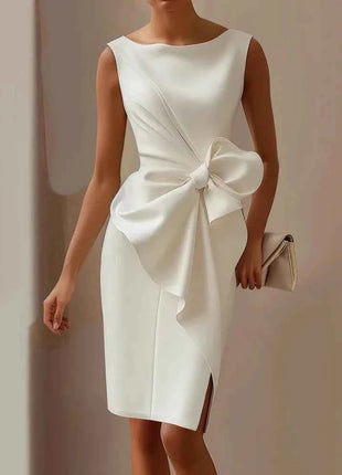 Elegante abito con fiocco solido per le donne Moda senza maniche O collo Pacchetto sottile Abiti alla moda Lady Serata formale Abbigliamento da donna