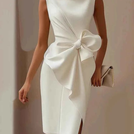Elegante abito con fiocco solido per le donne Moda senza maniche O collo Pacchetto sottile Abiti alla moda Lady Serata formale Abbigliamento da donna