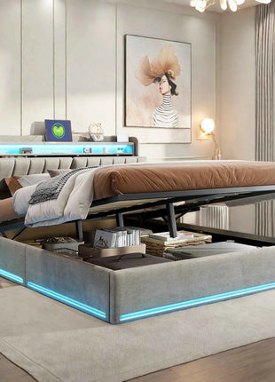 Upholstered Double Bed,Hydraulic Bed with Bed Box,Headboard with LED and USB Charging Station,Functional Bed Velvet