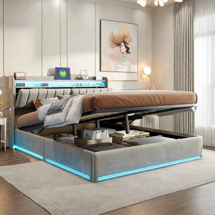 Upholstered Double Bed,Hydraulic Bed with Bed Box,Headboard with LED and USB Charging Station,Functional Bed Velvet
