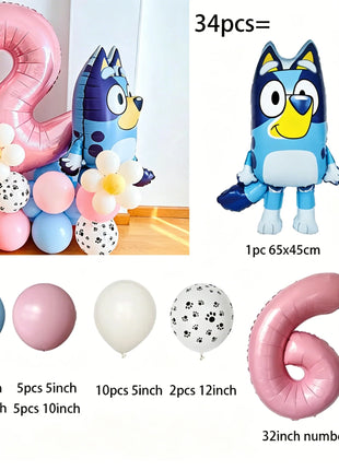 Set di Palloncini per il 2° Compleanno di Bluey, Palloncino in Foil Numero 2 Rosa, Decorazioni per Feste con Cane Blu, Fiori e Zampe, Kit per Sfondo Fotografico per Bambini