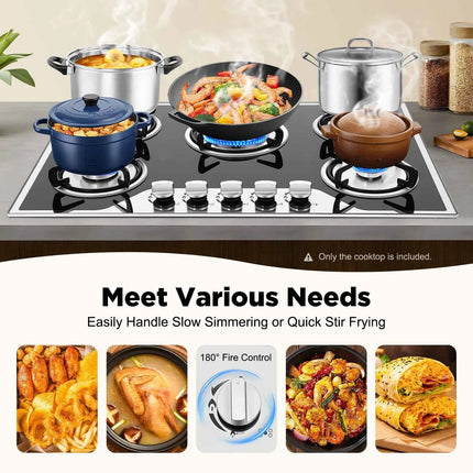 5 Burner Built-In Gas Stove Coated Glass (LPG/NG) 180° Fire Control Cast Iron Enamel Gas Cooktop for Homes or Restaurants