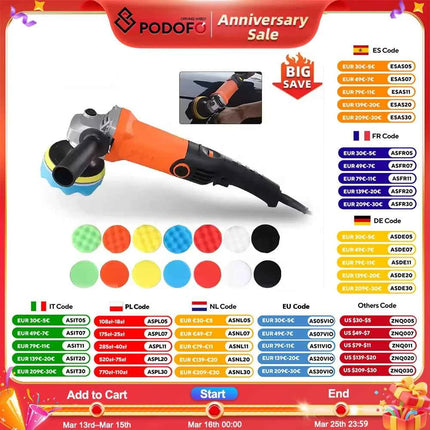 Podofo 1200W Rotary Car Buffer Polisher Waxer Detachable Handle for Boat Car Polishing and Waxing 8800RPM Sponge Rotary Polisher