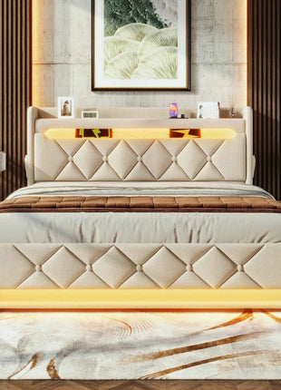 KOMHTOM Double Bed Linen With USB Type C Port 360 Surround LED Function Hydraulic Storage Without Mattress