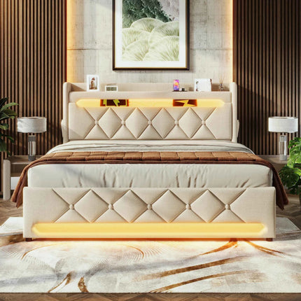 KOMHTOM Double Bed Linen With USB Type C Port 360 Surround LED Function Hydraulic Storage Without Mattress