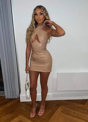 Trendy Streetwear PU Leather Party Dress Women Sexy Hollow Out Package Hip Slim Halter Neck Mini Dresses Hot Girls Outfits New