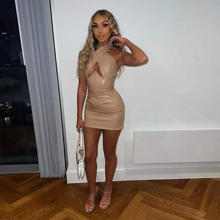 Trendy Streetwear PU Leather Party Dress Donna Sexy Scava Fuori Pacchetto Hip Slim Halter Neck Mini Abiti Hot Girls Abiti Nuovo