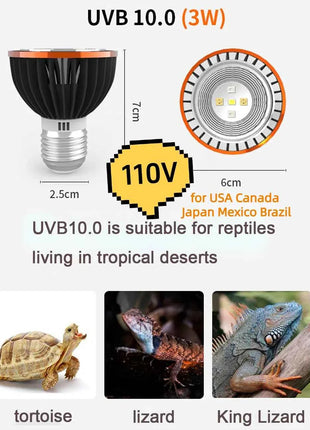Professional 3W Reptile Lamp UVA UVB5.0 UVB10.0 Lmap LED Bulb Turtle Tortoise Lizard Basking Sunlight UVB Bulb Lighting