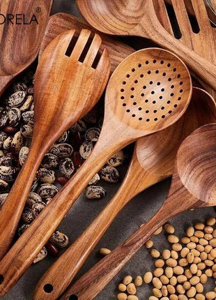 Set 9 Utensili da Cucina in Legno di Acacia Naturale - Spatole e Cucchiai per Pentole Antiaderenti