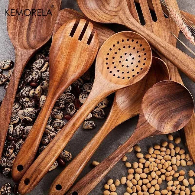 Set 9 Utensili da Cucina in Legno di Acacia Naturale - Spatole e Cucchiai per Pentole Antiaderenti