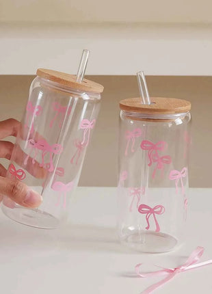 Set Bicchieri in Vetro con Fiocco Coperchio e Cannuccia per Casa Picnic Colazione e Feste