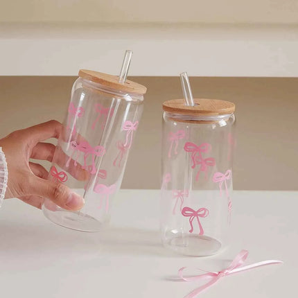 Set Bicchieri in Vetro con Fiocco Coperchio e Cannuccia per Casa Picnic Colazione e Feste