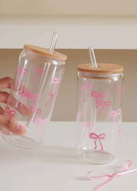 Set Bicchieri in Vetro con Fiocco Coperchio e Cannuccia per Casa Picnic Colazione e Feste