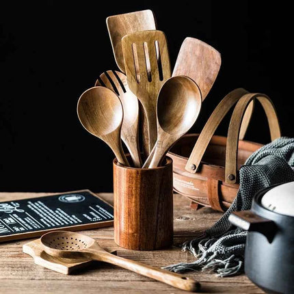 Set 9 Cucchiai e Utensili da Cucina in Legno di Teak con Porta Utensili Incluso