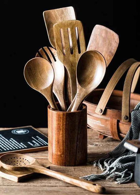 Set 9 Cucchiai e Utensili da Cucina in Legno di Teak con Porta Utensili Incluso