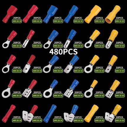 Connettore cavo isolato Cavo elettrico a crimpare Anello di testa a forcella Set anello Cappe a crimpare elettriche Terminali arrotolati Kit assortito