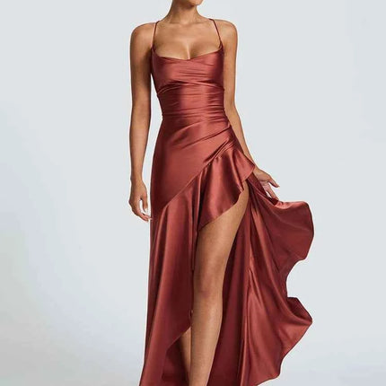 Mozision Satin Spaghetti Strap Ruffle Sexy Maxi Dress Women Off-shoulder Sleeveless Backless Thigh High Split Club Party Dress
