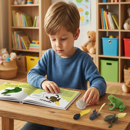 Set di giocattoli Montessori per l'apprendimento dell'inglese per bambini, con il ciclo di vita degli animali e 5 libri in inglese: formica, rana, farfalla, zanzara e fagiolo
