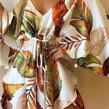 Abito da donna con stampa sexy scollo a V manica a pipistrello con volant fiori stampa Bohemian Beach vestito estivo da donna mini abiti larghi per le vacanze estive