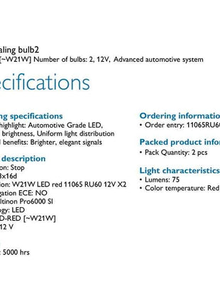 Philips LED W21W T20 7440 Ultinon Pro6000 Red Color Light Auto Rear Brake Stop Lamps No Flash Error Free 11065RU60X2, Pair