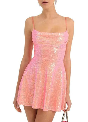 Abito da donna con paillettes lucide senza maniche, senza schienale, con spalline, aderente, mini abito da donna alla moda, abito da festa a trapezio per cocktail streetwear