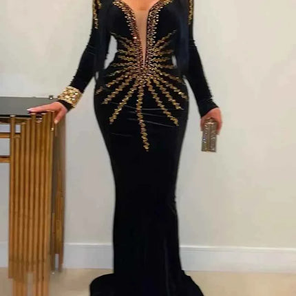 2025 Elegante abito da festa lungo in velluto con diamanti per donna Abito da sera sexy con scollo a V profondo Abito formale nero sottile