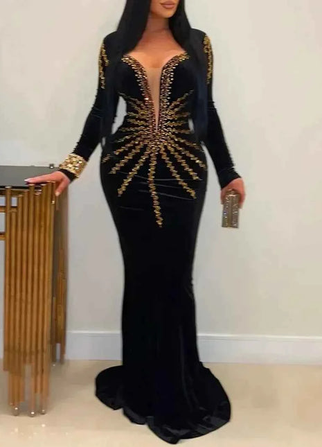 2025 Elegante abito da festa lungo in velluto con diamanti per donna Abito da sera sexy con scollo a V profondo Abito formale nero sottile
