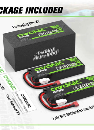 Ovonic 2S LiPo Battery 5200mAh 50C 7.4V Hard Case with Deans Plug for 1/10 &1/8 RC cars RC Monster Truck（2Packs）
