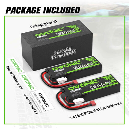 Ovonic 2S LiPo Battery 5200mAh 50C 7.4V Hard Case with Deans Plug for 1/10 &1/8 RC cars RC Monster Truck（2Packs）