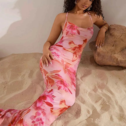 Abito da donna elegante a sirena monospalla, stampa floreale rosa, senza maniche, silhouette a trapezio, scollo rotondo, lavabile in lavatrice