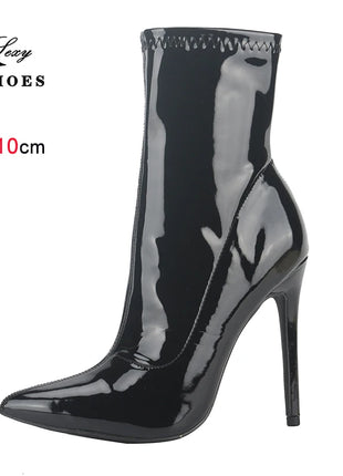 10CM 12CM Women Sexy Ankle Boots Zipper Thin Heels Short Boot Shiny Patent Leather High Heels Office Shoes Woman Bota Feminina