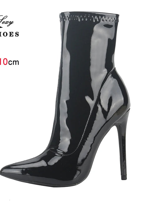 10 centimetri 12 CENTIMETRI Donne Sexy Stivaletti Cerniera Tacchi Sottili Stivale Corto Lucido In Pelle Verniciata Tacchi Alti Scarpe Da Ufficio Donna Bota Feminina