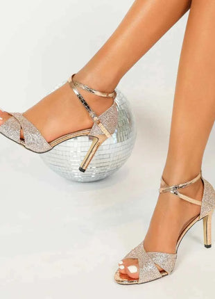EAGSITY moda tacco sottile sandali da donna cinturino alla caviglia argento sandali peep toe pompe scarpe festa di nozze
