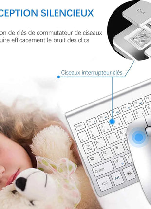 AZERTY French Layout 2.4G Mouse Keyboard Ultra-Slim Wireless Keyboard and Mouse Set Silent Compact for PC Laptop Windows