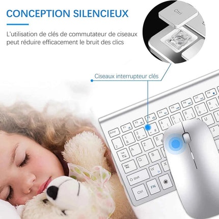 AZERTY French Layout 2.4G Mouse Keyboard Ultra-Slim Wireless Keyboard and Mouse Set Silent Compact for PC Laptop Windows